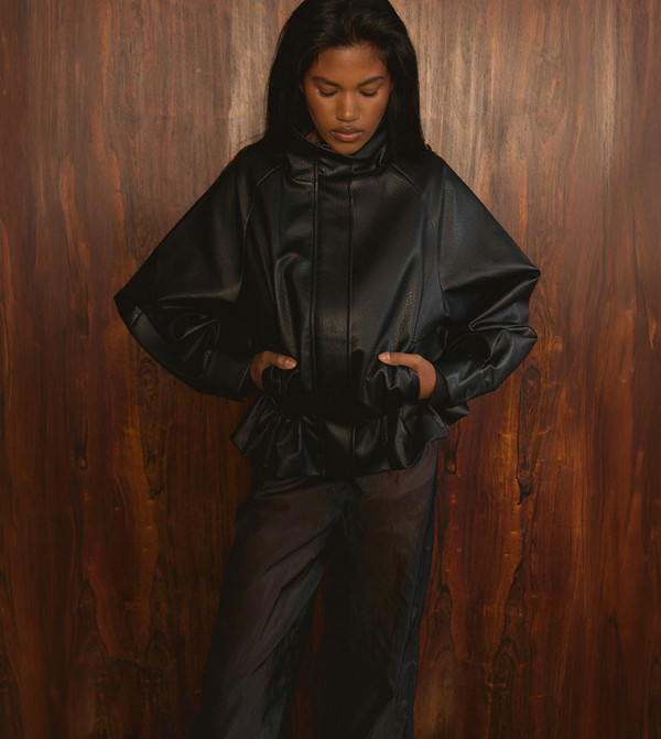 Dropped Waist Adjustable Cinched Waist Faux Leather Jacket