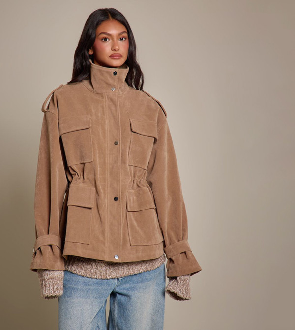 Adjustable Cinch Waist Funnel Neck Longline Suede Jacket