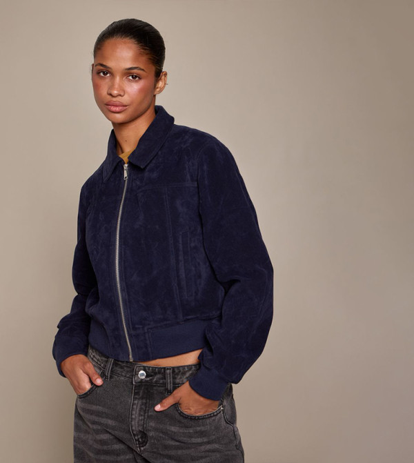 Ribbed Hem Detail Faux Suede Bomber Jacket