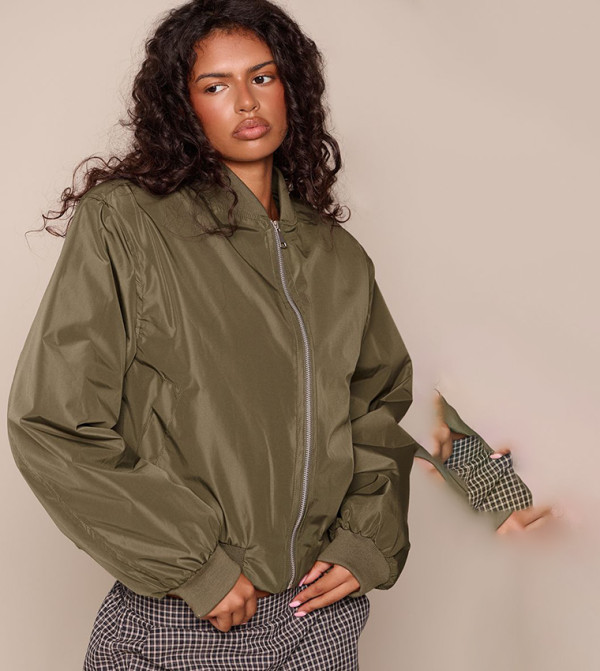 Ribbed Collar Shoulder Padded Nylon Jacket