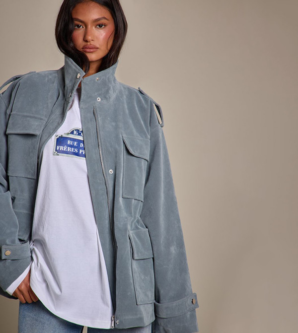Adjustable Cinch Waist Funnel Neck Longline Suede Jacket