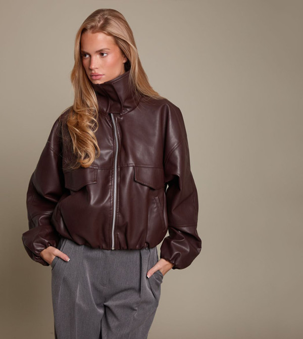 Double Funnel Neck Soft PU Zip-Through Jacket