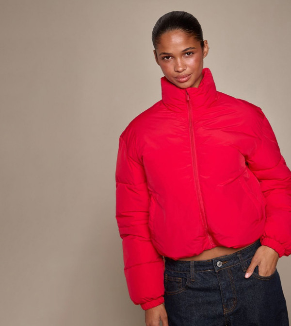 Zippered High Neck Puffer Coat