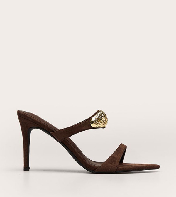 Faux Suede Gold Trim Pointed Toe Heel Sandals