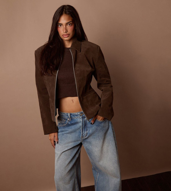 Faux Suede Zip Through Cinched Waist Jacket