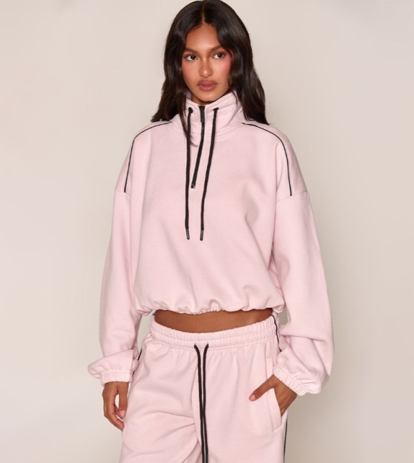 Contrast Drawstring Waist Quarter Zip Sweatshirt