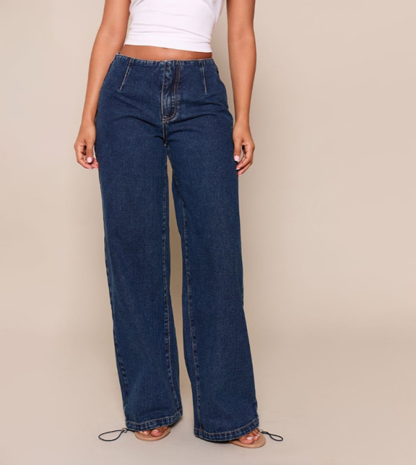 Petite Vintage Invisible Waistband Toggle Hem Wide Leg Jeans
