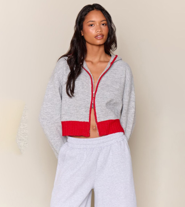 Contrast Panel Zip Through Knitted Hooded Jacket