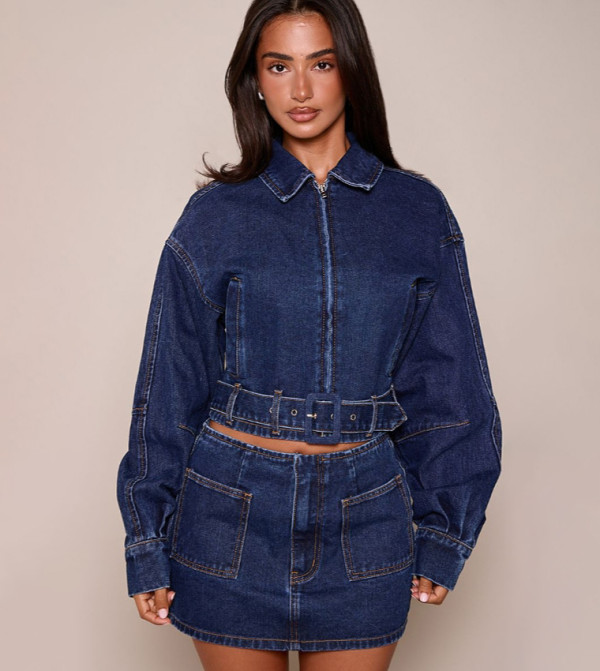 Petite Cropped Buckle Detail Denim Jacket