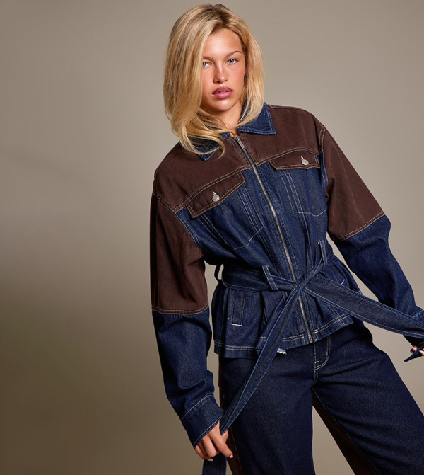 Contrast Panel Zip-Through Denim Jacket