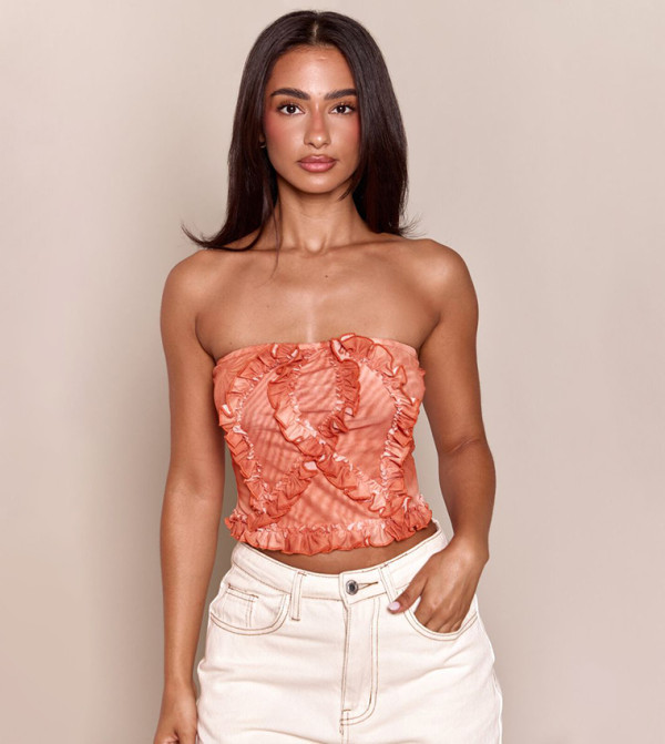 Petite Ombre Frill Mesh Bandeau Tie Detail Crop Top