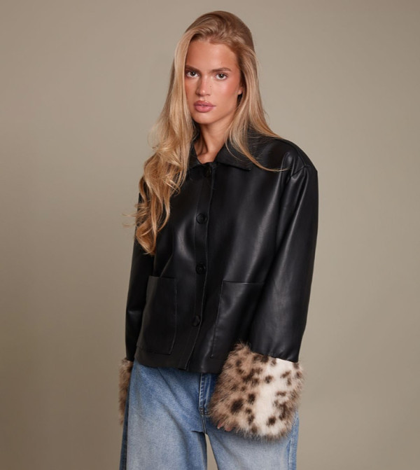 Faux Fur Cuff Faux Leather Jacket