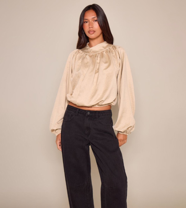 Satin Puffball Hem High Neck Top