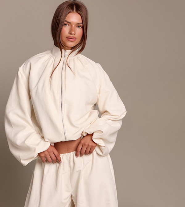 Peach Skin Funnel Neck Crop Jacket