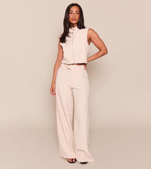 Petite Pinstripe Belt Detail Wide Leg Trousers
