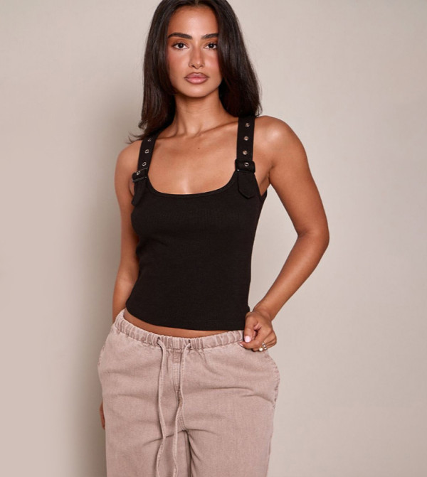 Petite Ribbed Buckle Detail Strappy Top