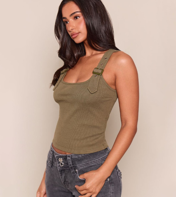 Petite Ribbed Buckle Detail Strappy Top