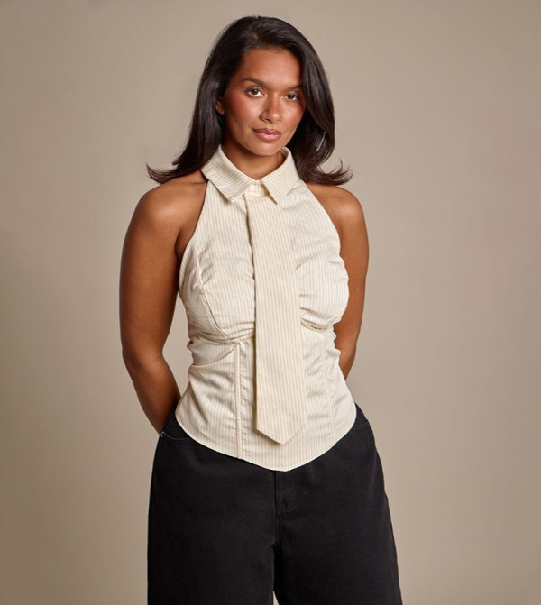 Shape Pinstripe Tie Detail Corset Top