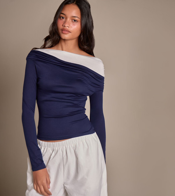Contrast Layer Asymmetric Shoulder Long Sleeves Top