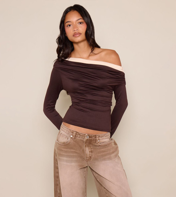 Contrast Layer Asymmetric Shoulder Long Sleeves Top