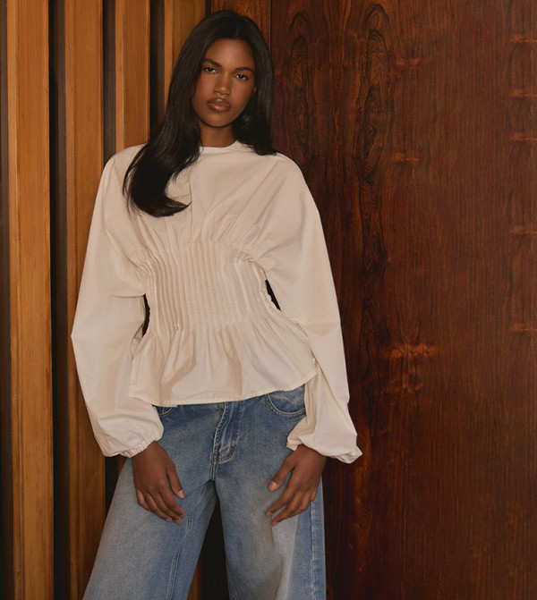 Pleated Cinched Detail Long Sleeves Top