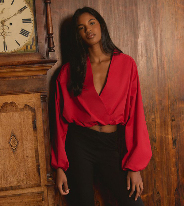 Woven Plunge Batwing Sleeves Crop Top