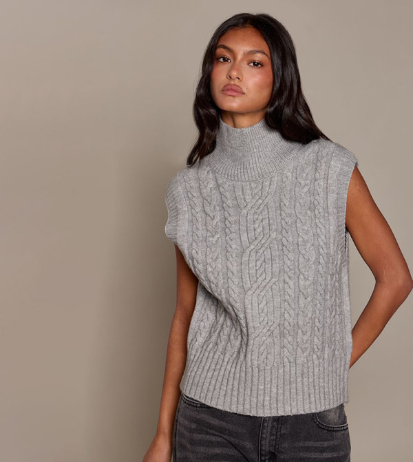 High Neck Cable Knit Sleeveless Sweater Vest