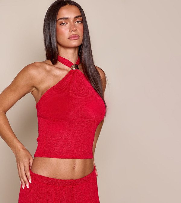 Filagree Knit Halterneck Trim Detail Crop Top