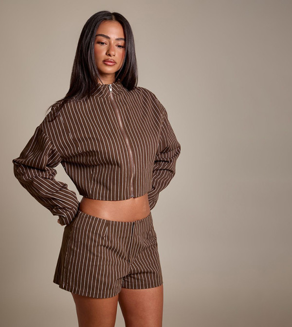 Petite Pinstripe Twill Zip-Up Funnel Neck Jacket