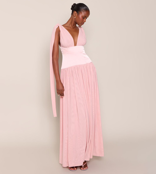 Mesh Plunge Neck Corset Sleeveless Maxi Dress