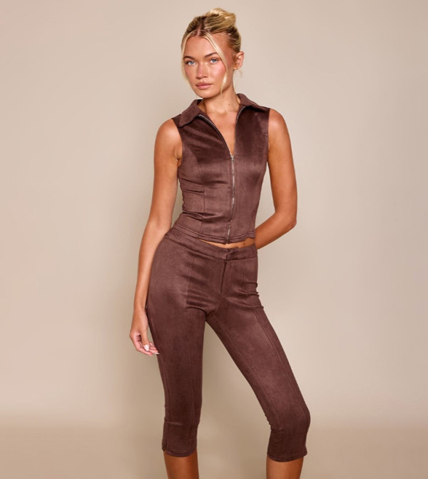Faux Suede Collared Lace Up Back Detail Sleeveless Top