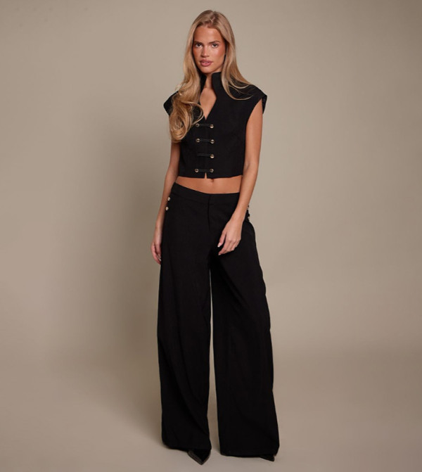 Woven Military Detail Wide Leg Trousers