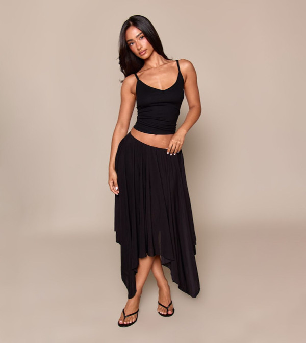 Petite Low Rise Asymmetric Hem Midi Skirt