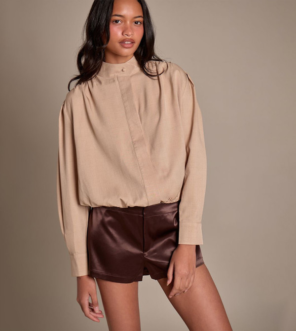 Long Sleeves Woven High Neck Top