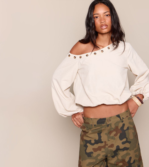 Asymmetric Shoulder Eyelet Detail Elastic Hem Top