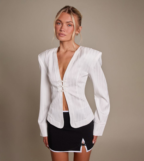 Textured Satin Interest Button Long Sleeves Top
