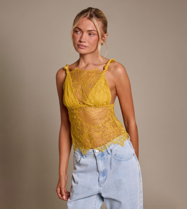Sheer Lace Twist Detail Tie Back Cami Top