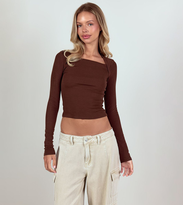 Soft Rib Square Neck Long Sleeves Top
