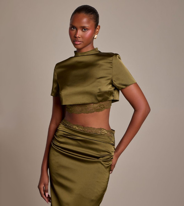 Solid Structured Satin High Neck Top
