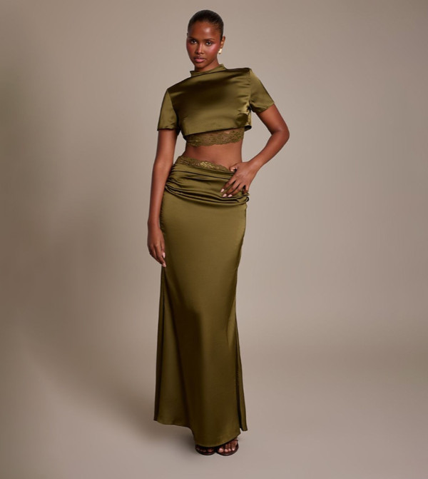 Solid Structured Satin Drape Lace Detail Maxi Skirt