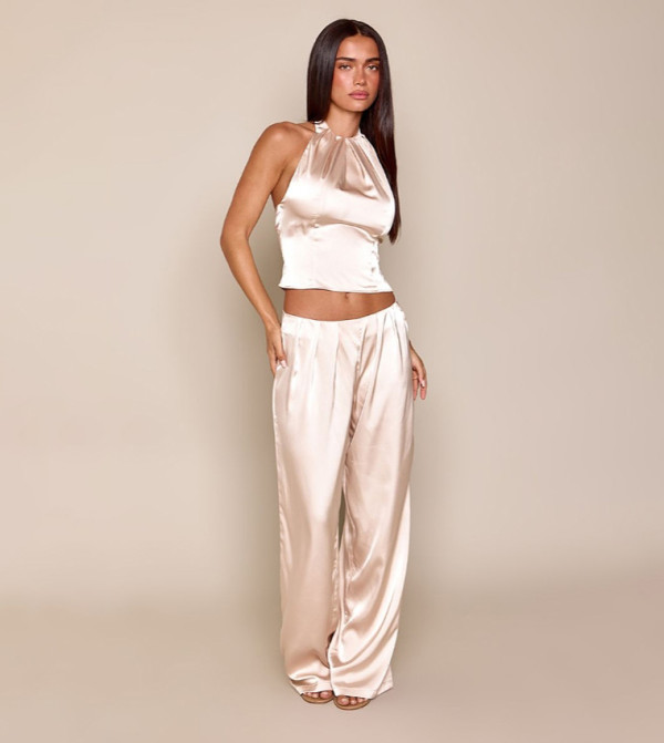 Satin Pleated Wide Leg Trousers
