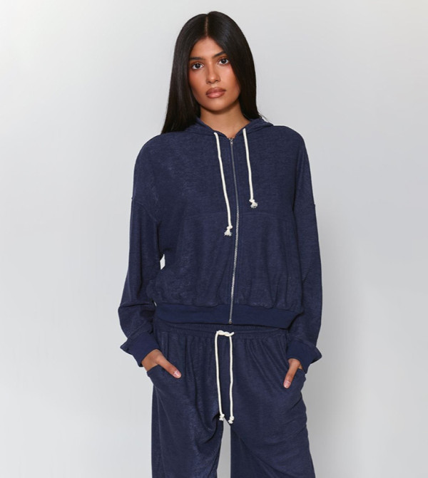 Towelling Contrast Drawcord Zip-Up Hooded Jacket