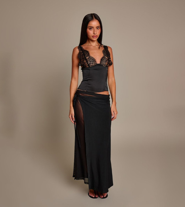 Sheer Overlay Wrap Tie Maxi Skirt