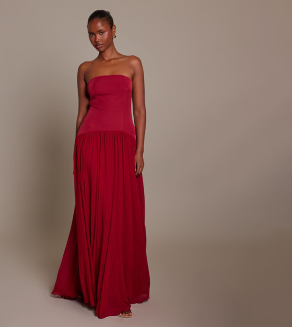 Pleated Bandeau Chiffon Maxi Dress