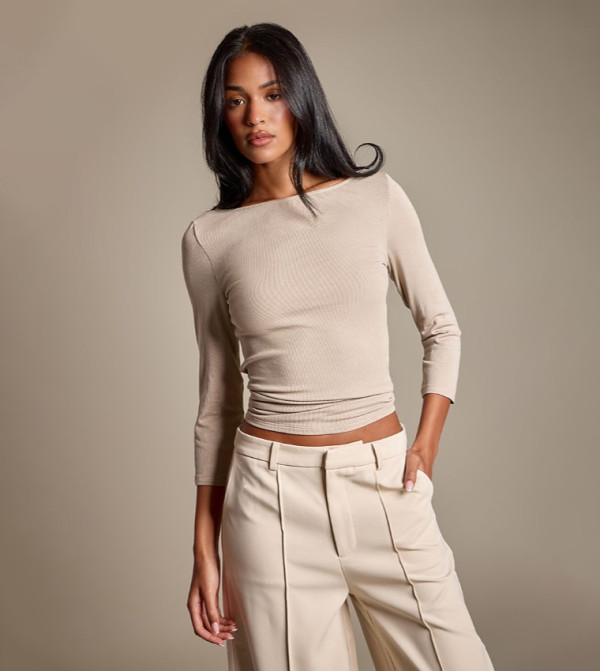 Tall Soft Rib Boat Neck Long Sleeves Top
