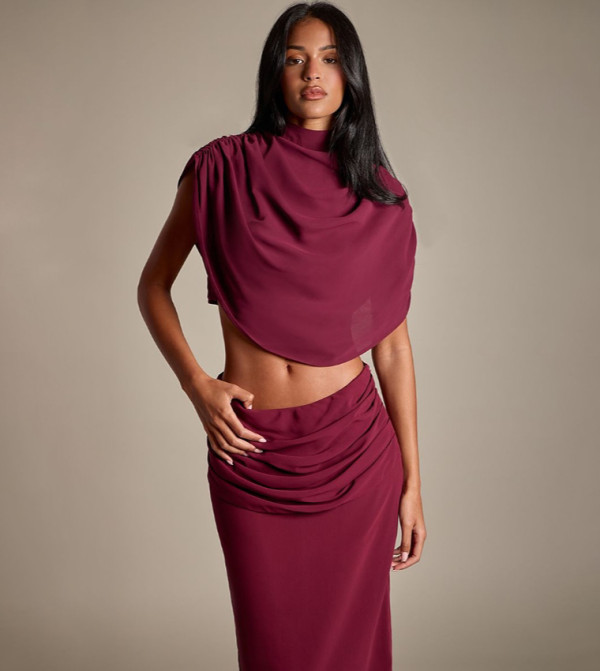Tall Chiffon High Neck Pleated Draped Top