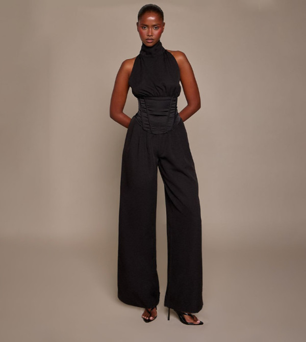 High Neck Satin Corset Detail Jumpsuit