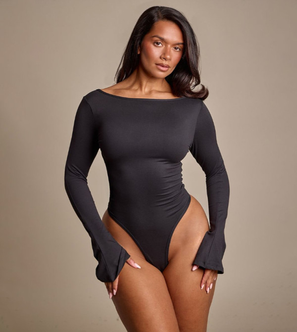 Shape Sculpt Boat Neck Flared Sleeves Bodysuit Top