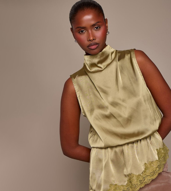 Satin High Neck Lace Detail Sleeveless Top