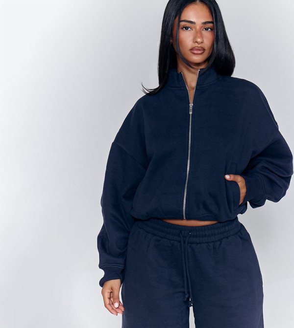 Petite Zip Up Cuffed High Neck Jacket